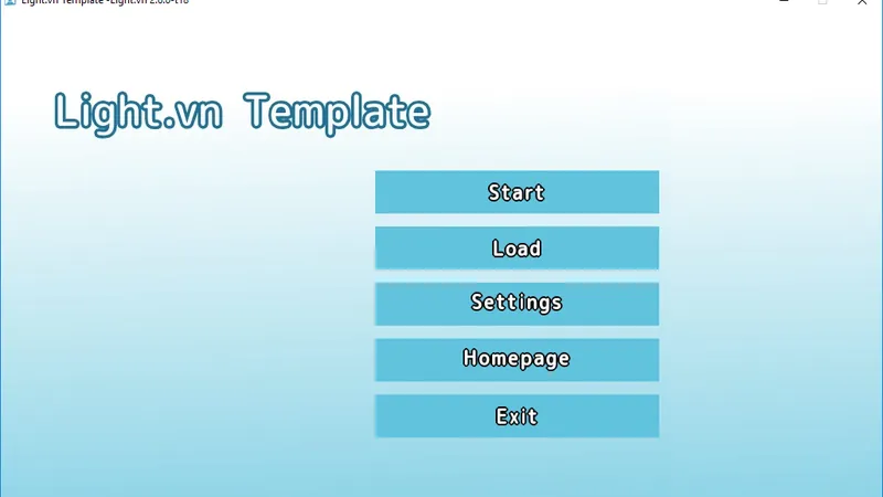 チュートリアルで作るタイトル画面。Start、Load、Settings が並んでいる。